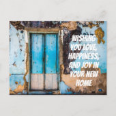Blauwe muur & deur nieuwe thuis felicitaties kaart (Voorkant)