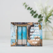 Blauwe muur & deur nieuwe woning felicatiekaart briefkaart (Staand voorkant)