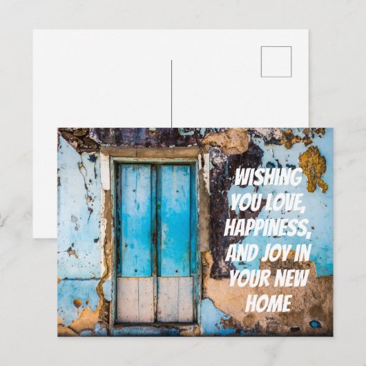 Blauwe muur & deur nieuwe woning felicatiekaart briefkaart (Voorkant / Achterkant)