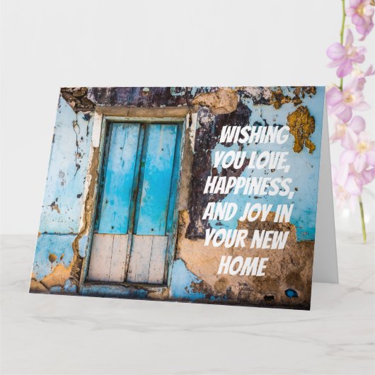 Blauwe muur en deur nieuwe thuisfelicitaties kaart (Orchidee)