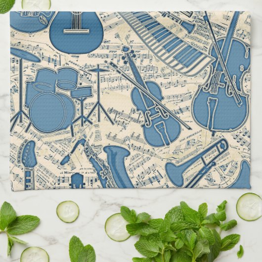 Blauwe muziek en instrumenten/ivoor-ID481 Theedoek (Gevouwen)