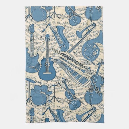 Blauwe muziek en instrumenten/ivoor-ID481 Theedoek (Verticaal)