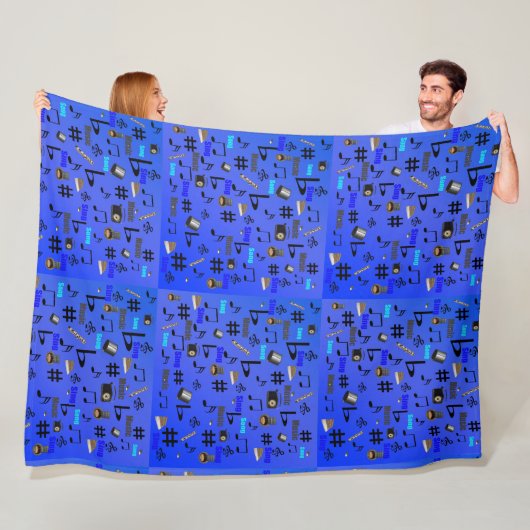 Blauwe muziekinstrumenten en noten; fleece deken (In situ)