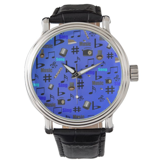 Blauwe muziekinstrumenten; horloge (Voorkant)