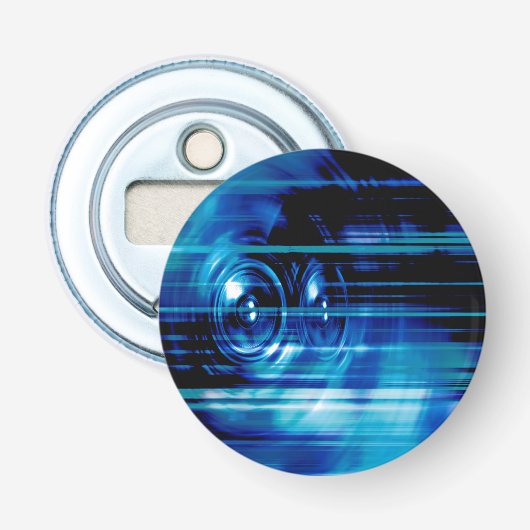Blauwe muziekluidsprekers button flesopener (Voorkant)
