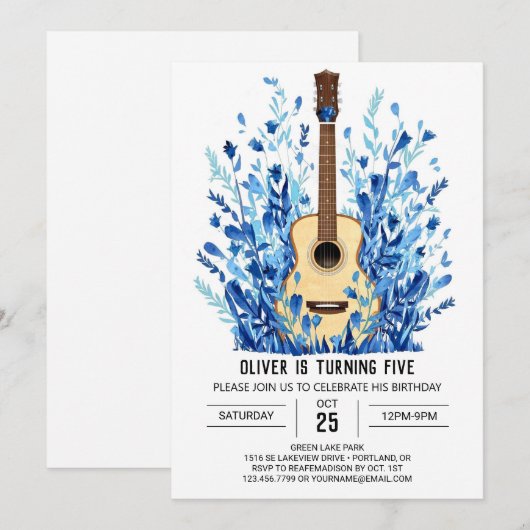 Blauwe muzikant gitaar jongen verjaardag kaart (Voorkant / Achterkant)