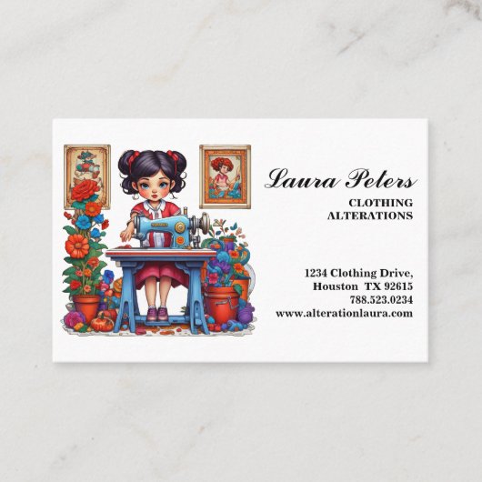 Blauwe Naaimachine Meisje Bloemverandering Visitekaartje (Voorkant)