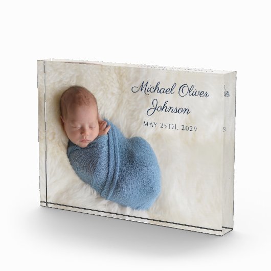 Blauwe naam Birth Date Script Baby Photo Block Fotoblokken (Rechts)