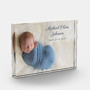 Blauwe naam Birth Date Script Baby Photo Block Fotoblokken