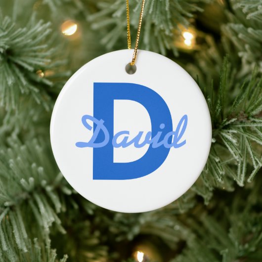 Blauwe naam en monogram Sticker Keramisch Ornament (Boom)