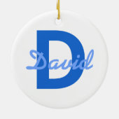 Blauwe naam en monogram Sticker Keramisch Ornament (Achterkant)