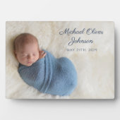 Blauwe Naam Geboortedatum Script Baby Foto Fotoplaat (voorkant)