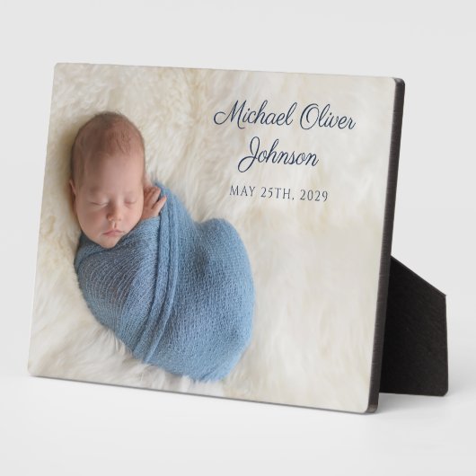 Blauwe Naam Geboortedatum Script Baby Foto Fotoplaat (Zijkant)