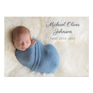 Blauwe Naam Geboortedatum Script Baby Foto Print Afdruk