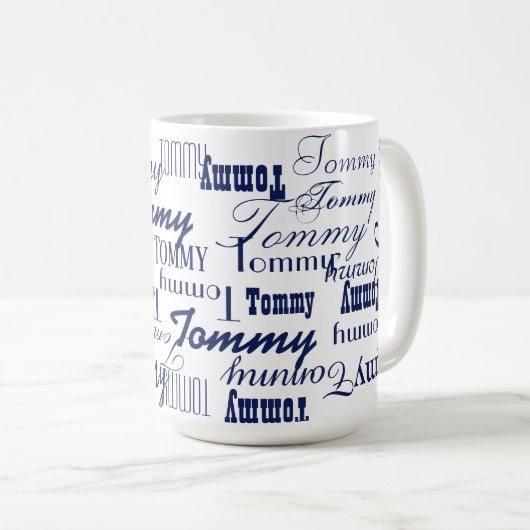 Blauwe naam overal in het wit koffiemok (Voorkant rechts)