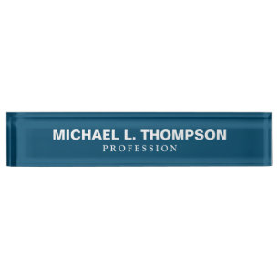 Blauwe naamplaat met naam en beroep naambordje