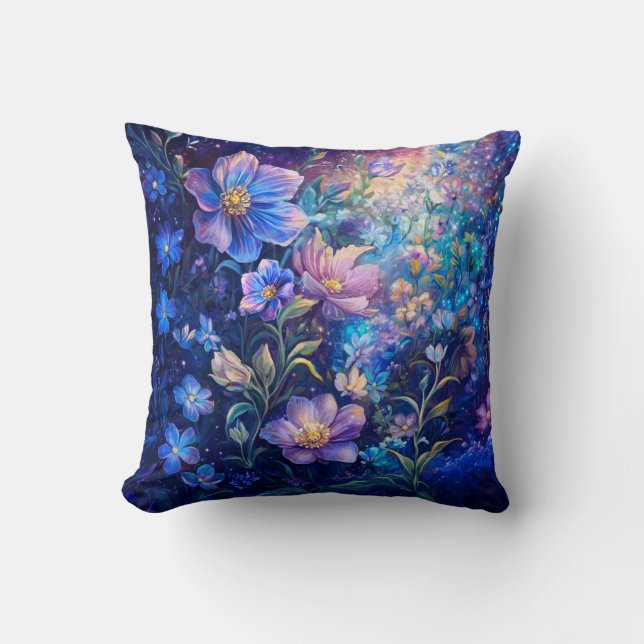 Blauwe Nacht Bloemen Worp Kussen  (Voorkant)