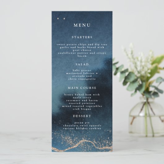 Blauwe Nacht Landschap Bruiloft Diner Menu Kaart (Staand voorkant)