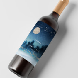 Blauwe Nacht Landschap Bruiloft Wijn Label Set Etiket