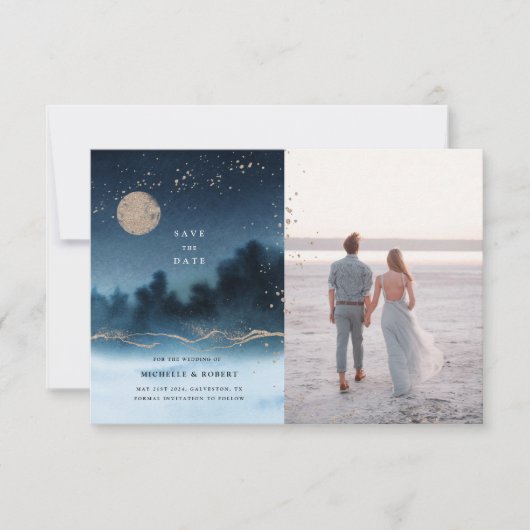 Blauwe Nacht Landschap Twee Foto Opslaan De Datum Kaart (Voorkant)