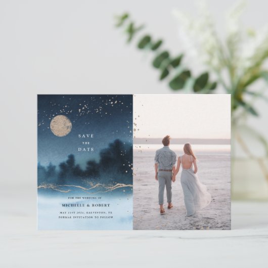 Blauwe Nacht Landschap Twee Foto Opslaan De Datum Kaart (Staand voorkant)