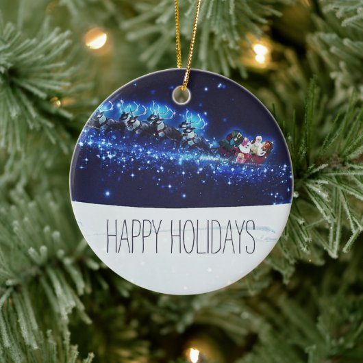 Blauwe nacht met kerstman, rendier en slee keramisch ornament (Boom)