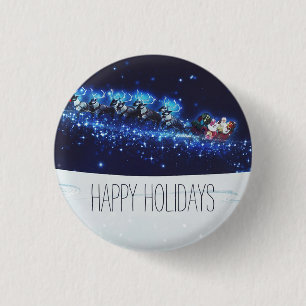 Blauwe nacht met kerstman, rendier en slee ronde button 3,2 cm