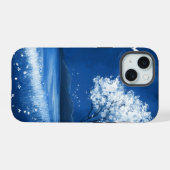 Blauwe Nacht Strand Berg Scène iPhone 15 Case (Achterkant horizontaal)