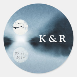 Blauwe Nacht Waterverf Landschap Bruiloft Monogram Ronde Sticker