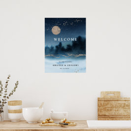 Blauwe Nacht Waterverf Landschap Bruiloft Welkom Poster