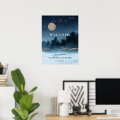 Blauwe Nacht Waterverf Landschap Bruiloft Welkom Poster (Thuiskantoor)