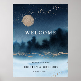 Blauwe Nacht Waterverf Landschap Bruiloft Welkom Poster