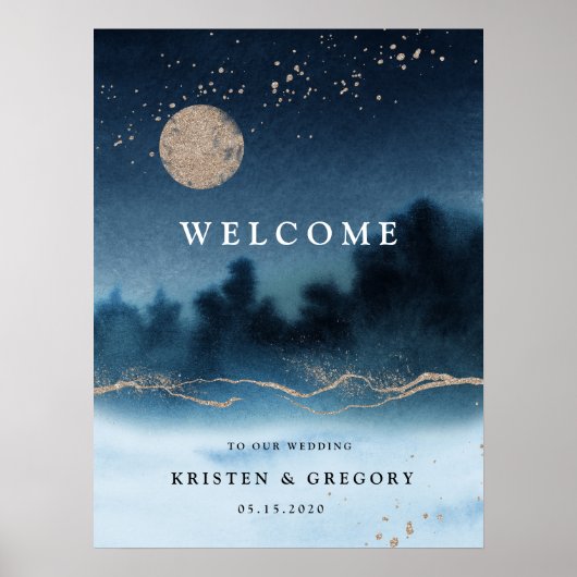 Blauwe Nacht Waterverf Landschap Bruiloft Welkom Poster (Voorkant)