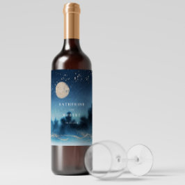 Blauwe Nacht Waterverf Landschap Bruiloft Wijn Lab Wijn Etiket