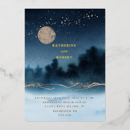 Blauwe Nacht Waterverf Landschapsbruiloft Folie Uitnodiging