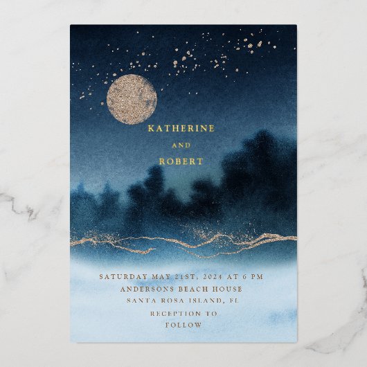 Blauwe Nacht Waterverf Landschapsbruiloft Folie Uitnodiging (Voorkant)
