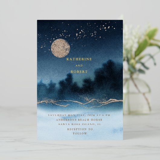 Blauwe Nacht Waterverf Landschapsbruiloft Folie Uitnodiging (Staand Voorkant)