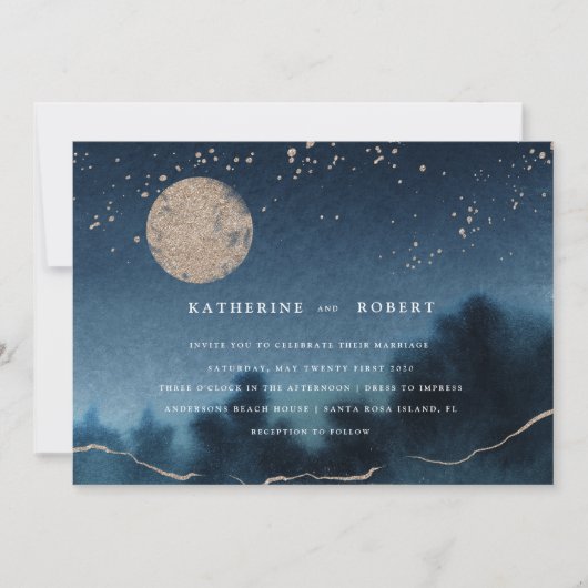 Blauwe Nacht Waterverf Landschapsbruiloft Kaart (Voorkant)