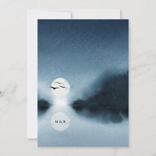 Blauwe Nacht Waterverf Landschapsbruiloft Kaart (Achterkant)