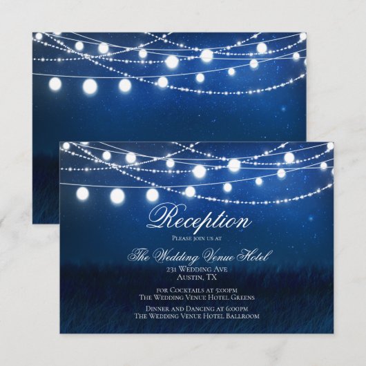 Blauwe Nacht & Zilveren Lichten Bruiloft Receptie  Informatiekaartje (Voorkant / Achterkant)