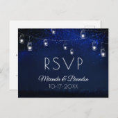 Blauwe nacht Zilveren Mason Jar String Lights RSVP Briefkaart (Voorkant / Achterkant)