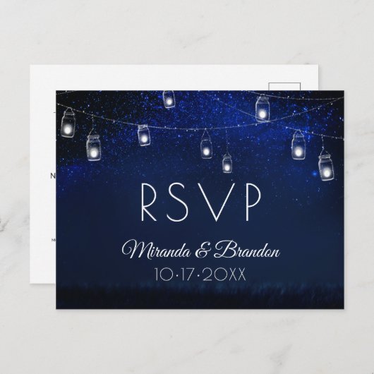 Blauwe nacht Zilveren Mason Jar String Lights RSVP Briefkaart (Voorkant / Achterkant)