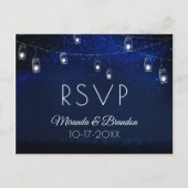 Blauwe nacht Zilveren Mason Jar String Lights RSVP Briefkaart (Voorkant)