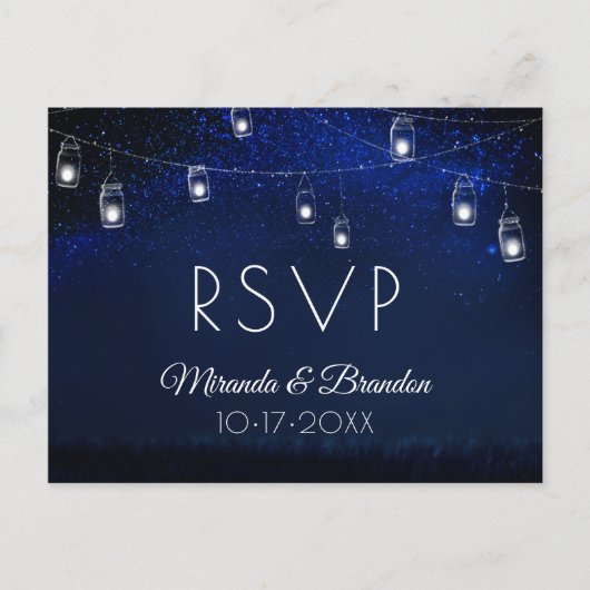 Blauwe nacht Zilveren Mason Jar String Lights RSVP Briefkaart (Voorkant)