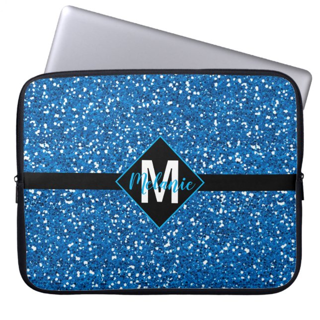 Blauwe nama glitter met monogram laptop sleeve (Voorkant)