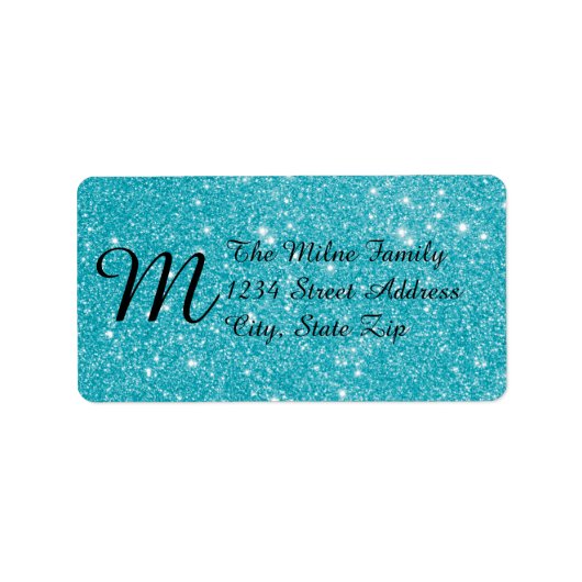 Blauwe namaak glitters monogram adreslabels etiket (Voorkant)