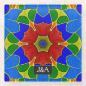 Blauwe namel - Franse Cloisonne - Bloem en initial Glazen Onderzetter (Voorkant)