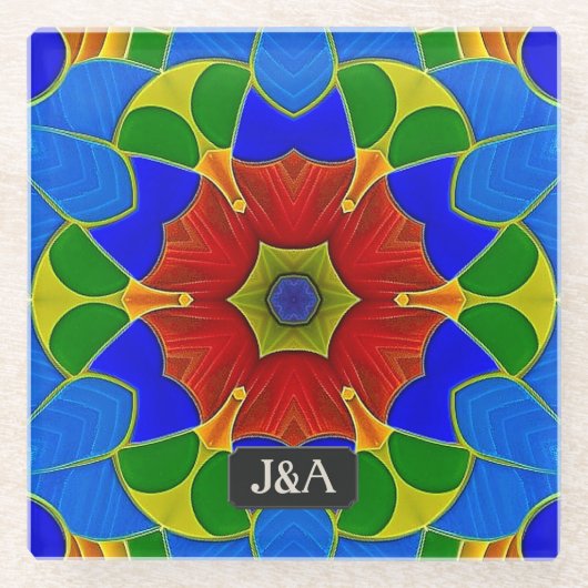 Blauwe namel - Franse Cloisonne - Bloem en initial Glazen Onderzetter (Voorkant)