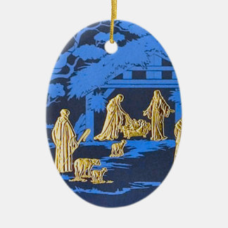 Blauwe nativiteit keramisch ornament
