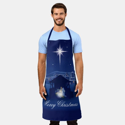 Blauwe nativiteit schort (Gedragen)